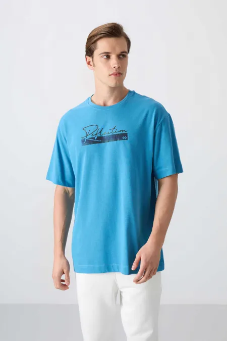 Tommylife Wholesale Crew Neck Oversize Printed Men's T-Shirt 88334 Petrol Blue
