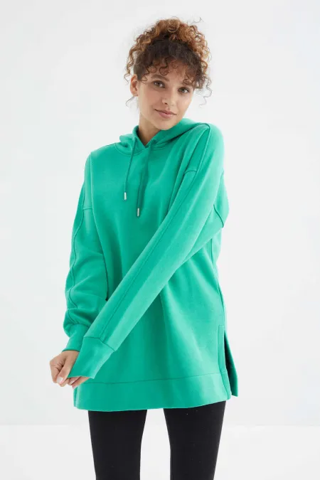 Tommylife Wholesale Sea Green Raglan Sleeve Basic Hooded Oversize Tunic - 97242