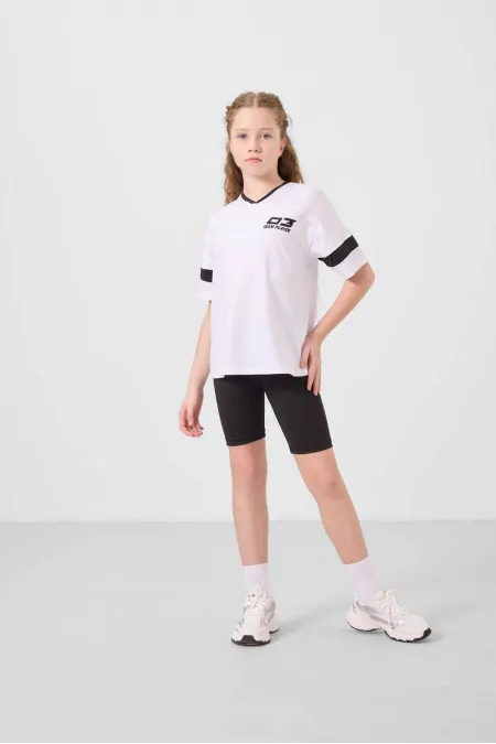 Ensemble de leggings Tommylife Wholesale pour filles, col en V, ceinture, coupe standard, blanc et noir, référence 75187