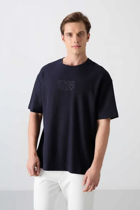 Tommylife Wholesale Crew Neck Oversize Printed Men's T-Shirt 88336 Navy Blue