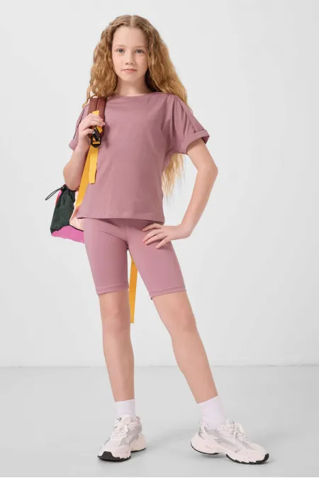 Tommylife Toptan Pamuklu O Yaka Oversize Fit Basic Kız Çocuk T Shirt 75182 Gül Kurusu