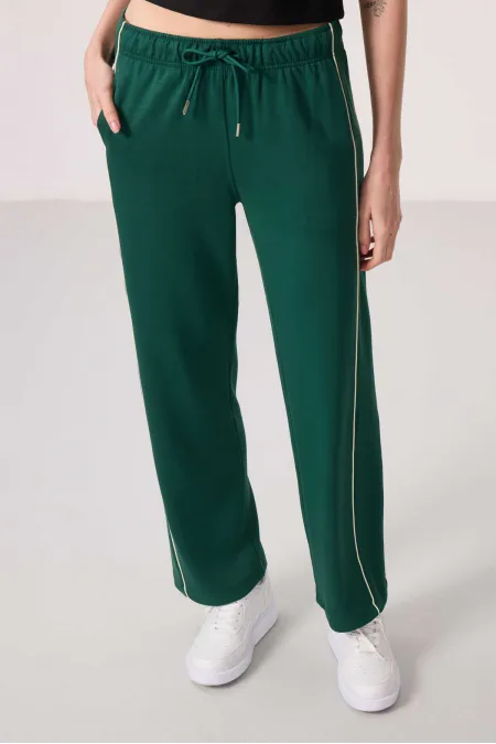 Tommylife Toptan Yumuşak Dokulu Yan Panel Detaylı Geniş Paça Kadın Palazzo Pantolon - 94669 Yeşil