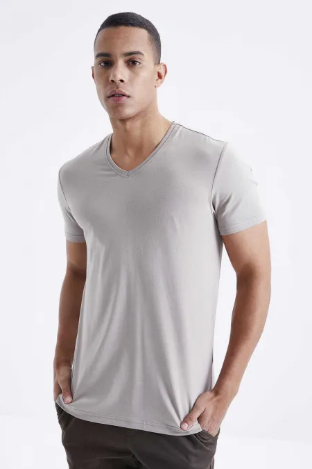 Tommylife Toptan V Yaka Standart Kalıp Basic Erkek T-Shirt 87912 Koyu Bej