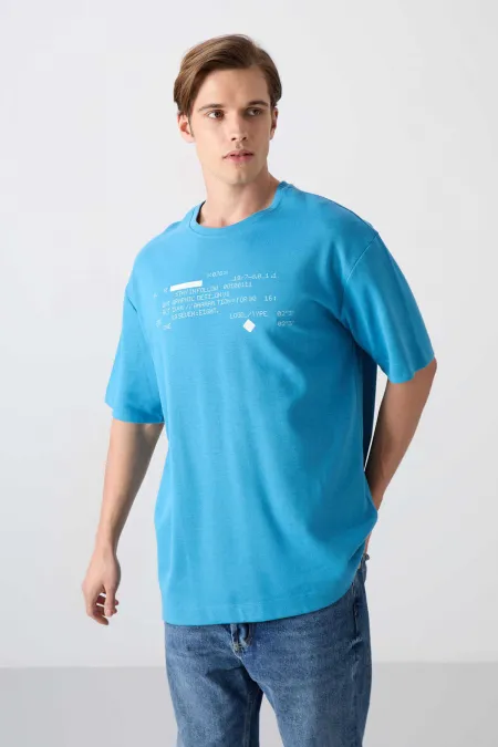 Tommylife Wholesale Crew Neck Oversize Printed Men's T-Shirt 88326 Petrol Blue