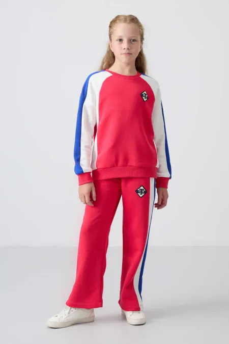 Tommylife Toptan 7-15 Yaş O Yaka Standart Kalıp Kız Çocuk Eşofman Takımı 75165 Viva Kırmızı