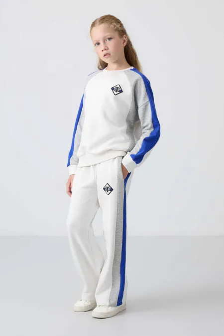 Tommylife Toptan 7-15 Yaş O Yaka Standart Kalıp Kız Çocuk Eşofman Takımı 75165 Ekru