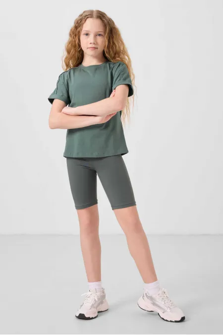 Leggings basiques en coton Tommylife pour filles, coupe standard, jambes courtes, référence 75188, couleur kaki.