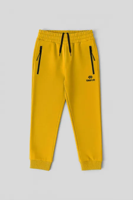 Pantalon de jogging garçon Tommylife Wholesale moutarde basique à poches zippées et taille à cordon de serrage - 10798