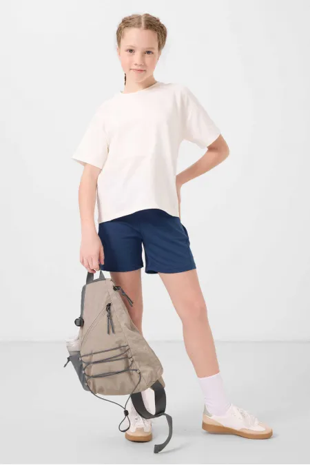 Tommylife Toptan Pamuklu Yumuşak Dokulu Standart Fit Basic Kız Çocuk Şort Takım 75184 Ekru Parlament