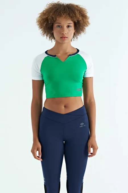 Tommylife Wholesale Green Color Block Logo Print Crew Neck Slim Fit Women's Crop T-Shirt - 97270