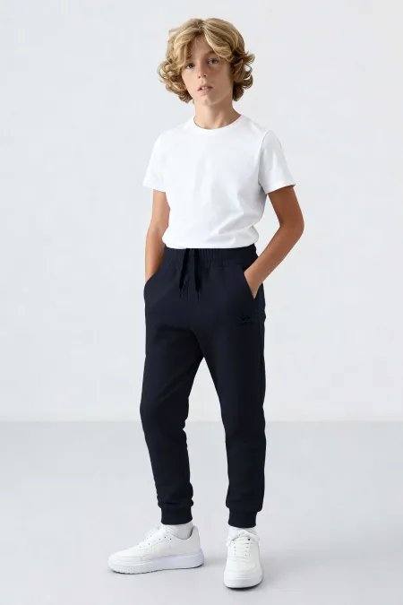 Pantalon de survêtement fin bleu marine à revers standard pour garçon Tommlife Wholesale - 11062