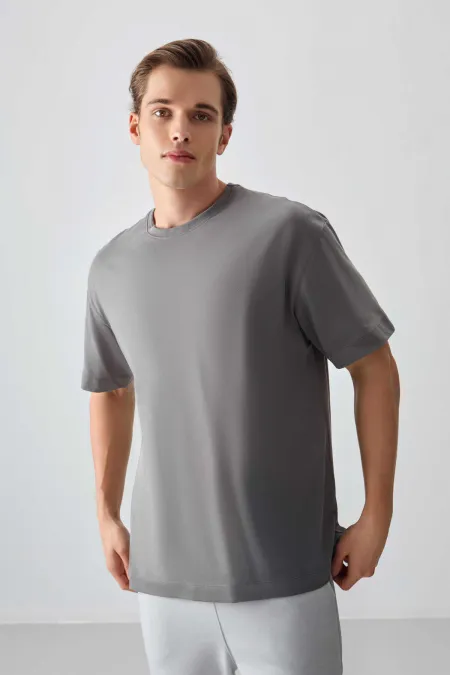 Tommylife Toptan O Yaka Oversize Basic Erkek T-Shirt 88353 Koyu Gri