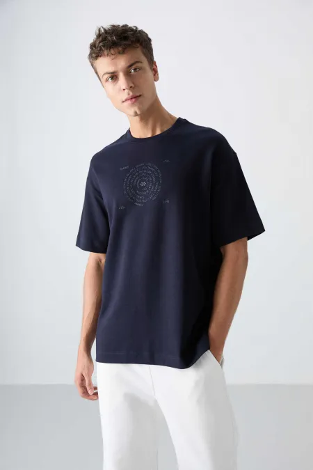 Tommylife Toptan O Yaka Oversize Baskılı Erkek T-Shirt 88324 Lacivert