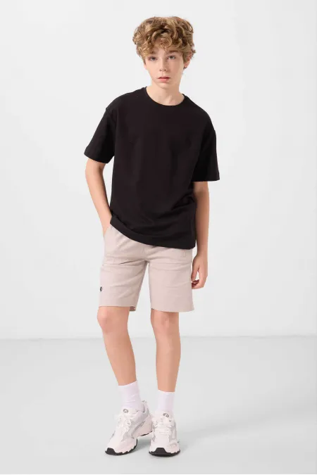 Ensemble short chino garçon Tommylife en coton tissé léger et extensible, coupe oversize, couleur noir et pierre, réf. 11277