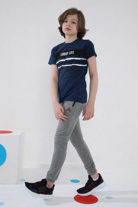 Tommylife Toptan Gri Melanj Erkek Çocuk Jogger Fermuarlı Cep Standart Kalıp Manşetli Eşofman Alt - 64042