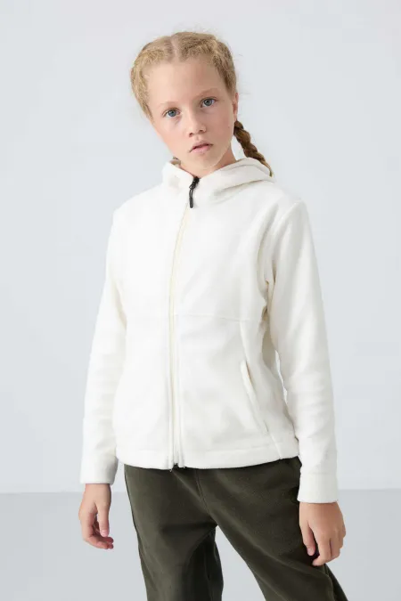 Tommylife Toptan 7-15 Yaş Kapüşonlu Standart Kalıp Kız Çocuk Polar Sweatshirt 75152 Ekru