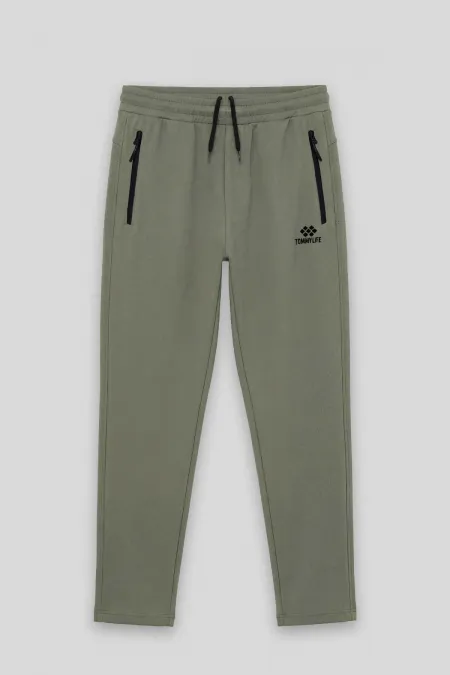 Tommylife Toptan Haki Basic Belden Bağcıklı Klasik Paça Erkek Büyük Beden Eşofman Alt - 84844