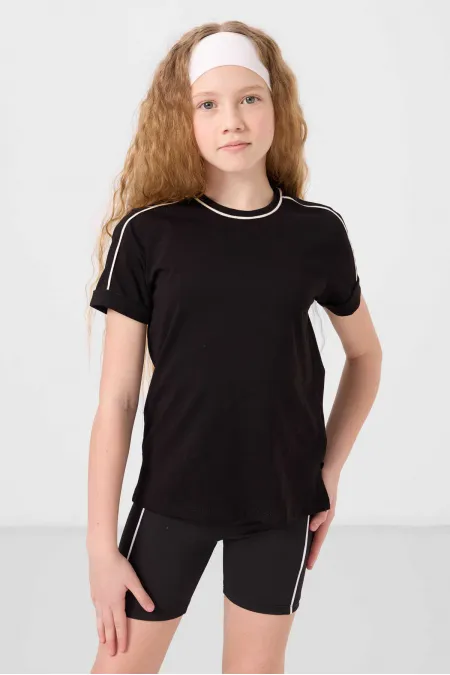 Tommylife Wholesale Cotton Crew Neck Oversize Fit Printed Girls' T-Shirt 75177 Black