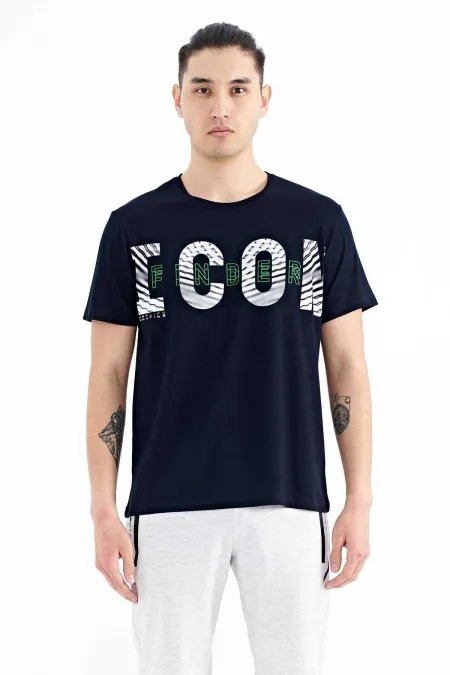 Tommylife Wholesale Navy Blue Men's T-Shirt with Printed Details, Crew Neck, Standard Fit - 88187