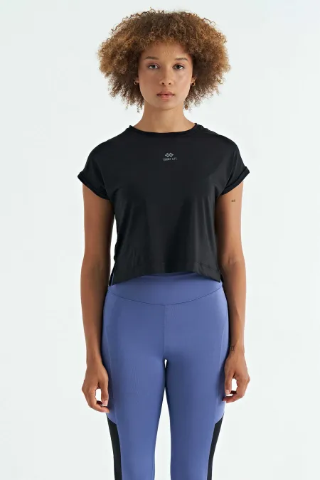 Tommylife Wholesale Black Logo Print Crew Neck Drop Sleeve Oversize Women's Crop T-Shirt - 97262