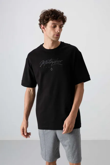 Tommylife Toptan O Yaka Oversize Baskılı Erkek T-Shirt 88320 Siyah