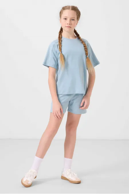 Tommylife Toptan Pamuklu Yumuşak Dokulu Standart Fit Basic Kız Çocuk Şort Takım 75184 Açık Mavi