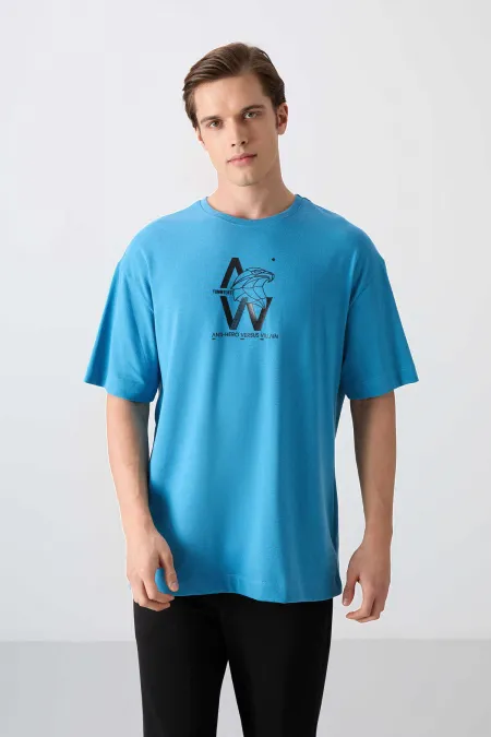 Tommylife Wholesale Crew Neck Oversize Printed Men's T-Shirt 88332 Petrol Blue