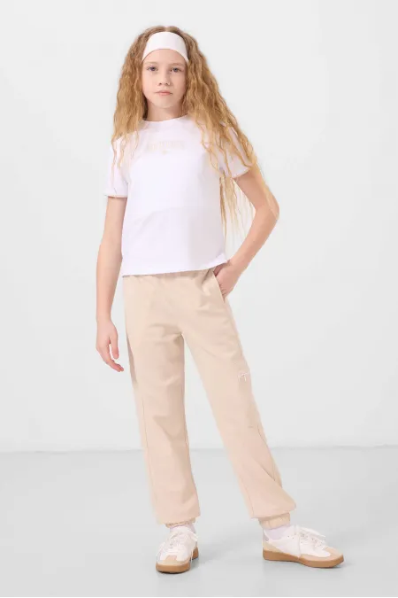 Tommylife Toptan O Yaka Baskılı Lastik Paça Kargo Cepli Kız Çocuk Eşofman Takım 75173 Beyaz Bej