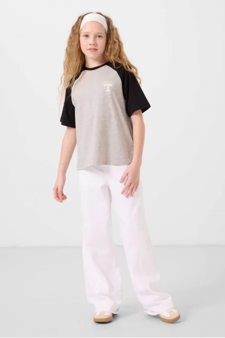 T-shirt Tommylife en coton imprimé à col rond et coupe oversize pour fille, gris chiné, référence 75179