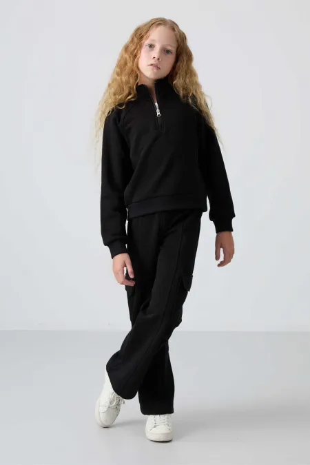 Ensemble de survêtement Tommylife Wholesale pour filles de 7 à 15 ans, col montant, motif standard, noir, réf. 75159