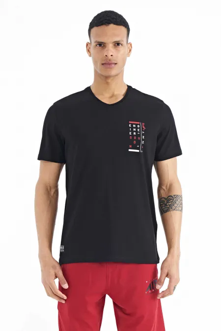 Tommylife Wholesale Black Print Detail V-Neck Standard Fit Men's T-Shirt - 88186