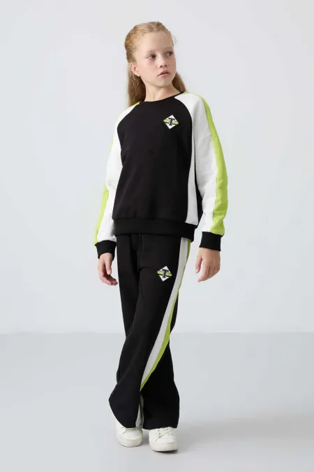 Tommylife Toptan 7-15 Yaş O Yaka Standart Kalıp Kız Çocuk Eşofman Takımı 75165 Siyah