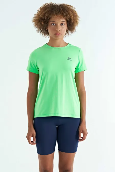T-shirt femme Tommylife en gros, vert fluo, fendu au dos, col rond, manches courtes, coupe standard - 97267