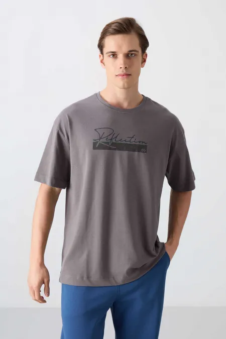 Tommylife Wholesale Crew Neck Oversize Printed Men's T-Shirt 88334 Dark Gray