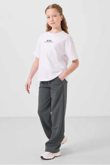 Tommylife Toptan O Yaka Baskılı Geniş Paça Standart Fit Kız Çocuk Palazzo Eşofman Takım 75171 Beyaz Haki