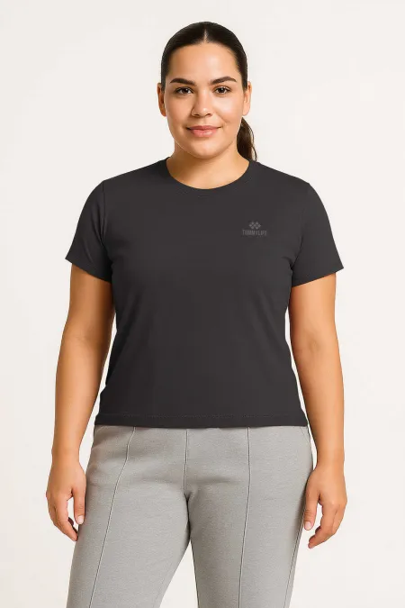 Tommylife Toptan Koyu Gri O Yaka Basic Battal Büyük Beden Kadın T-Shirt - 97308