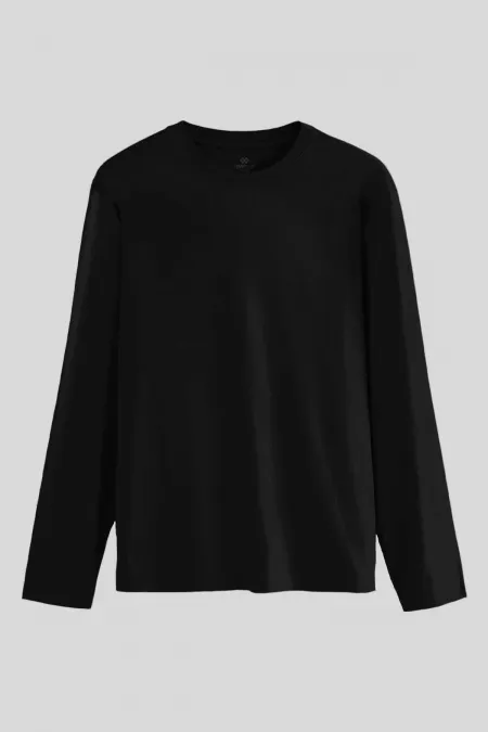 Tommylife Toptan Siyah Standart Fit Basic O Yaka Uzun Kollu İnce Erkek T-Shirt - 87997
