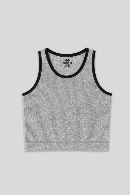 Tommylife Toptan Gri Melanj Basic Sıfır Kol Dar Kalıp U Yaka Kadın Crop Top - 97160