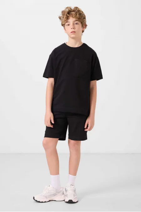 Ensemble short chino garçon Tommylife Wholesale en coton léger et extensible, coupe oversize, noir, réf. 11278