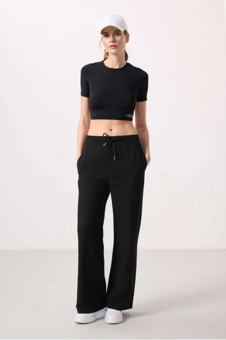 Pantalon palazzo en lin Tommylife Wholesale pour femme, coupe confortable et jambes larges - 94675 Noir