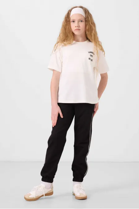 Tommylife Toptan O Yaka Baskılı Lastik Paçalı Standart Fit Kız Çocuk Eşofman Takım 75186 Ekru Siyah
