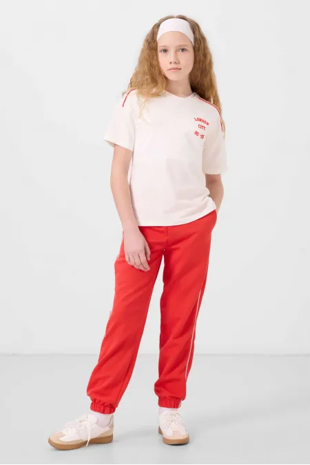 Tommylife Toptan O Yaka Baskılı Lastik Paçalı Standart Fit Kız Çocuk Eşofman Takım 75186 Ekru Fiesta