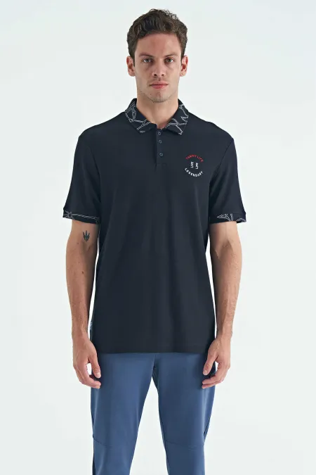 Tommylife Wholesale Navy Blue Men's T-Shirt with Embroidered Print and Standard Fit Polo Collar - 88239
