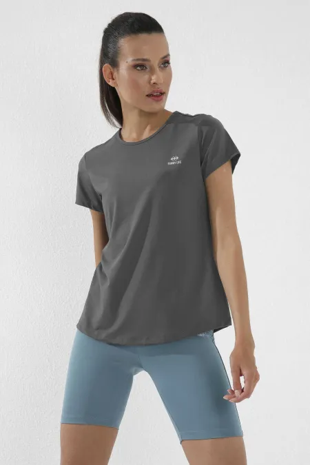 T-shirt femme Tommylife, gris foncé, manches courtes, coupe standard, col rond - 97144