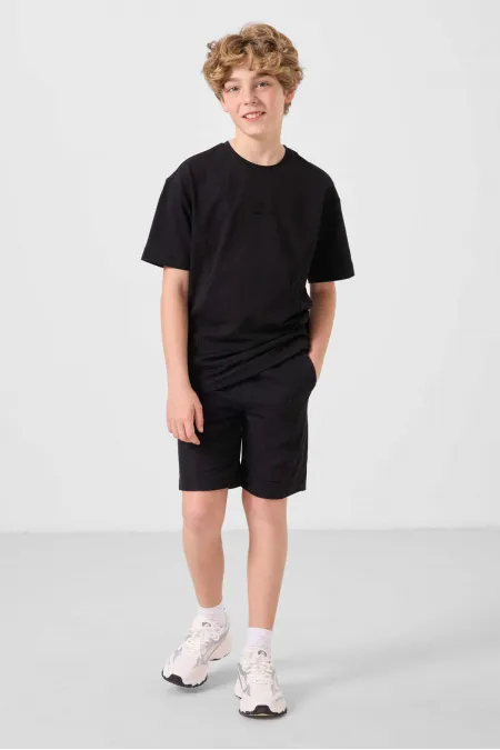 Ensemble short chino garçon Tommylife Wholesale en coton léger et extensible, coupe oversize, noir, réf. 11276