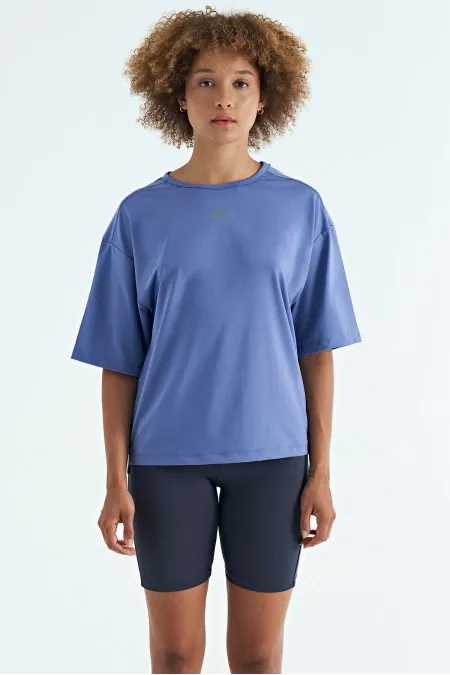 Tommylife Wholesale Purple Crew Neck Print Detail Oversize Short Sleeve Women's T-Shirt - 97263