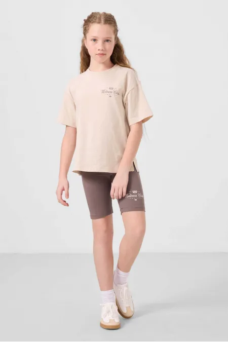 Ensemble de leggings imprimés Tommylife en coton, col rond, coupe standard, pour filles, beige et marron, réf. 75190