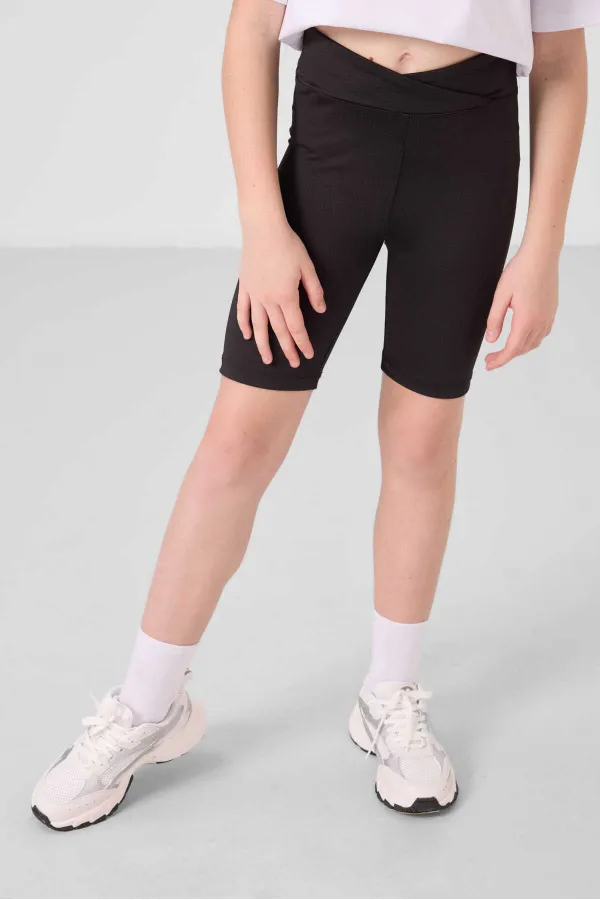 Tommylife Toptan V Yaka Kemer Detaylı Standart Fit Performans Kız Çocuk Tayt Takım 75187 Beyaz Siyah