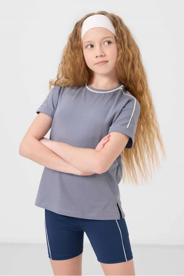 Tommylife Toptan Pamuklu O Yaka Oversize Fit Baskılı Kız Çocuk T Shirt 75177 Koyu Mavi