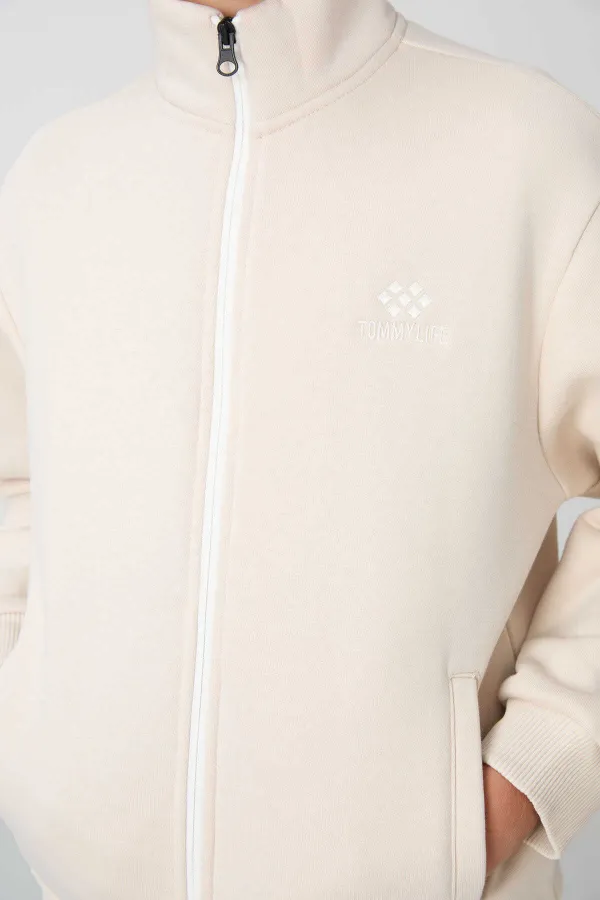 Tommylife Toptan 7-15 Yaş Dik Yaka Erkek Çocuk Eşofman Takımı 11256 Bej